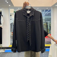 Mens Shirts Rivets Ribbons Casual Shirts Streetwear Trendy Niche Youth Campus Performance Long-Sleeved Tops Men'S Clothing 2025