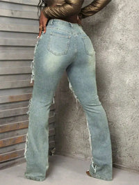 Y2K 90s Street Style Women's Vintage Fringed Distressed Flare Jeans - High Stretch Unique Tassel Design Hip Hop Fashion for All
