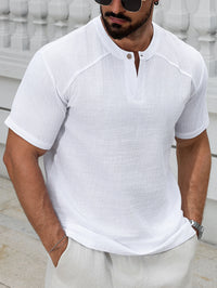1PCS Mens Linen Short-Sleeved Shirt Top Round-Neck Pullover Casual Solid Color Henry Collar T-Shirt with Buttons Fashion Hippie