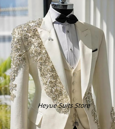 Luxury Rhinestones Men Suits Slim Fit Customized Groom Best Man Wedding Party Tuxedos 3 Pieces Sets Male Blazers Traies Dehombre