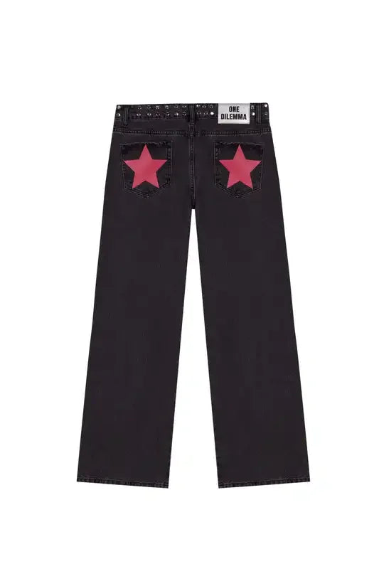 ONE DILEMMA American Fashion Jeans Womens Red Five Pointed Star Sequined Rivet Baggy Jeans Y2K Casual Mid Rise Slim Trousers