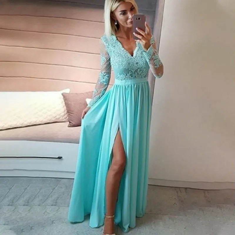 Evening Gowns for Women Elegant Party Lace Long Sleeve Deep V Neck Light Blue Chiffon Side Slit Evening Party Guest Gown 2022