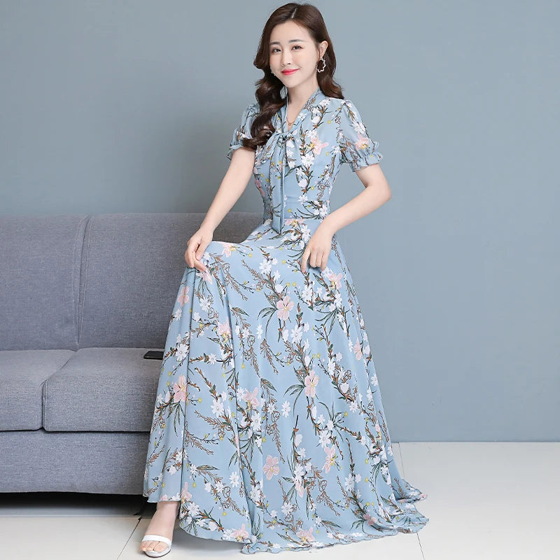 Bohemian Dresses For Women 2023 Fashion Elegant Short Sleeve Holiday Beach Chiffon Maxi Dress Yellow Vintage Floral Long Dress