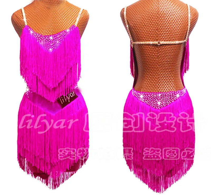 Latin Dance Dress Competition Costumes Skirt Performing Rhinestones Adult Children Tassel Various Color Red  White