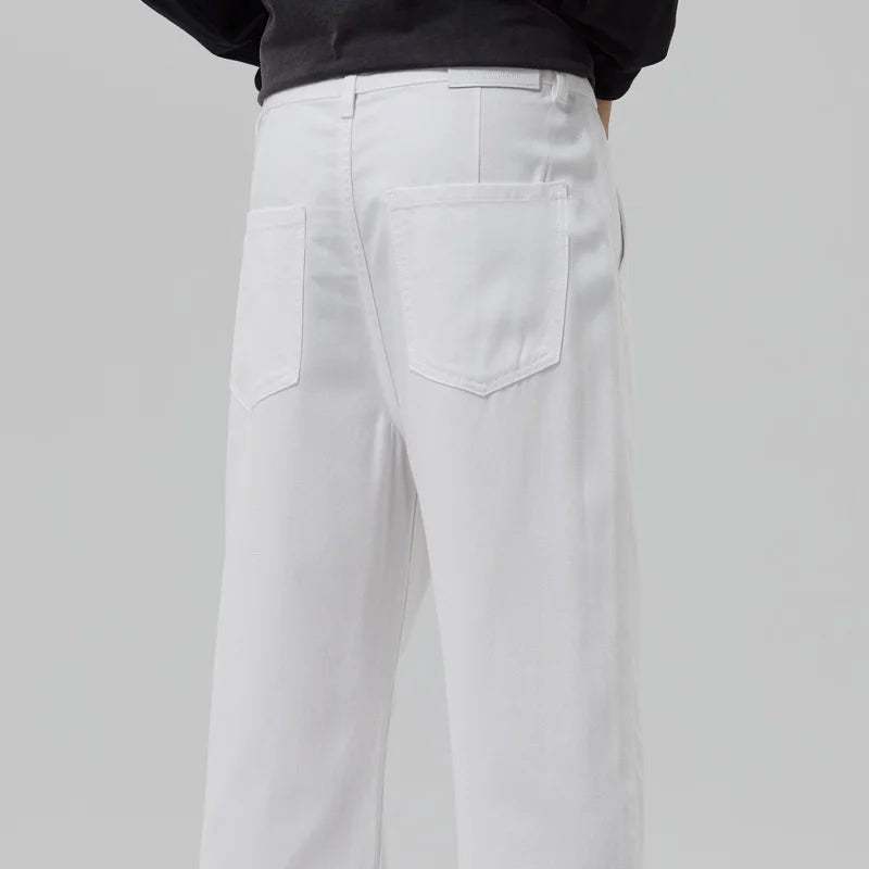 Men's White Jeans, Summer Thin Ice Silk Loose Straight Leg Wide Leg Pants, Fashionable Washed and Hanging Casual Versatile Pants