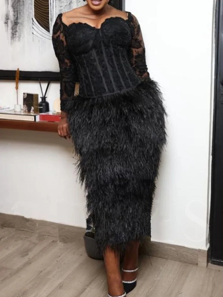 Fall Winter Black Faux Fur Midi Dresses Long Sleeve Sweetheart Neck Of Mega Mart Center Fall Winter Black Faux Fur Midi Dresses Long Sleeve Sweetheart Neck Of Mega Mart Center