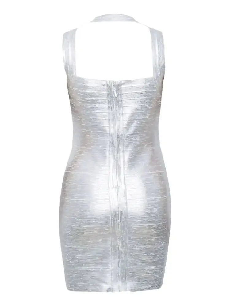 BEAUKEY Metallic Gold Sliver Foil Shoulder Halter Luxury Bandage Dress Women High Quality Party Club Rayon Bodycon Dresses