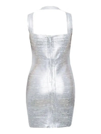 BEAUKEY Metallic Gold Sliver Foil Shoulder Halter Luxury Bandage Dress Women High Quality Party Club Rayon Bodycon Dresses