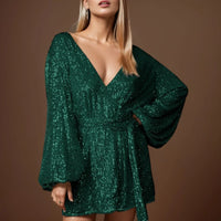 Autumn Sequin Mini Dress Sexy V-Neck Lantern Long Sleeve Belt Party Dresses For Women 2023 Nightclub Outfits Robe Femme 2023