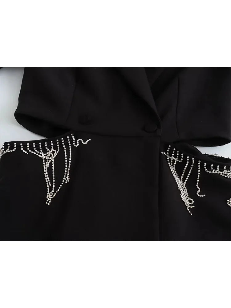 HH TRAF Women Fashion Waist Hollow Out Blazer Jumpsuit Female V-neck Causal Slim Tops Rhinestone Tassel Long Sleeve Playsuits