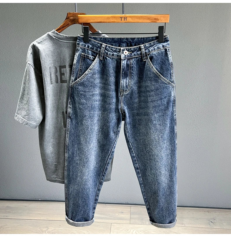 Men's Jeans Streetwear Fashion Tapered Pants Blue Casual Personality Vintage Male Clothing Slim Denim Trousers Brands
