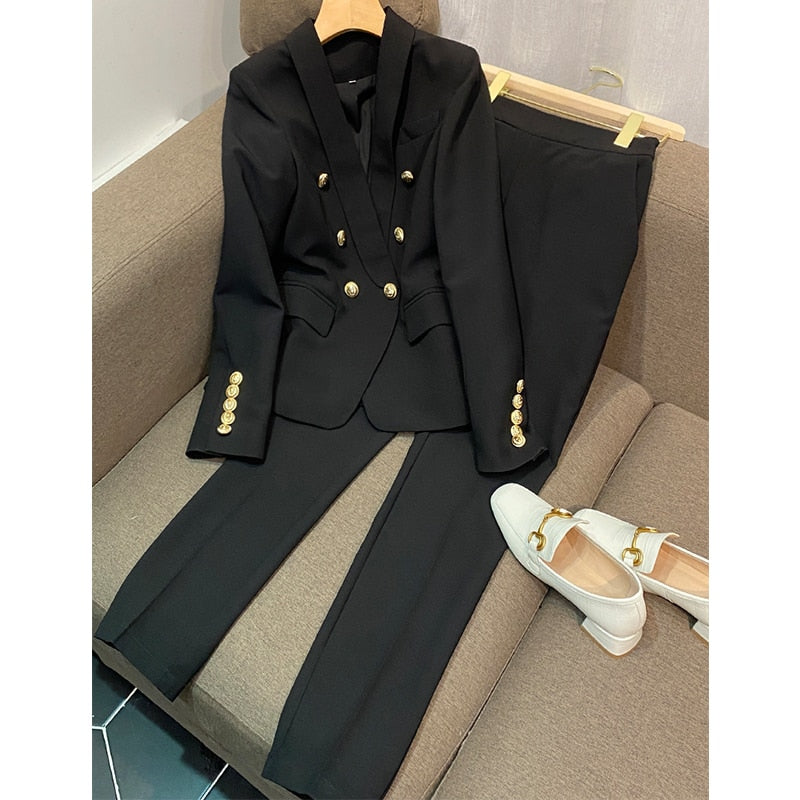 Pink Black Pant Suits Two Pcs Sets Women&#39;s Pantsuit Apricot Business Double-breasted Buttons Nine Blazer Pants Formal Suits 2021