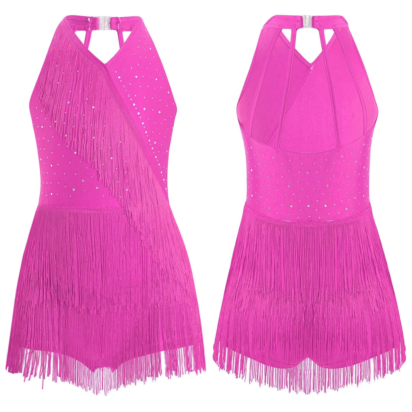 Kids Girls Latin Dance Cha-cha Samba Salsa Costume Rhinestones Fringe Leotard Dress Sleeveless Strappy Back Tassel Jumpsuit