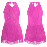 Kids Girls Latin Dance Cha-cha Samba Salsa Costume Rhinestones Fringe Leotard Dress Sleeveless Strappy Back Tassel Jumpsuit