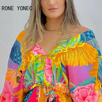 Women Sexy All Over Print with Floral Pattern Short Batwing Sleeves Lace Up Vacation Rompers