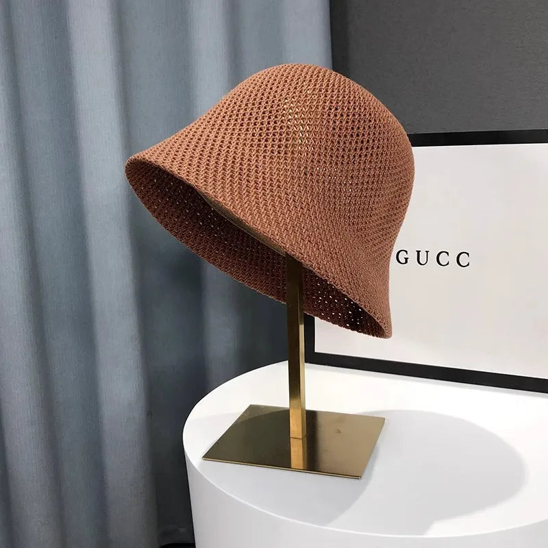 New Summer Beach Solid Wide Brim Bucket Hat For Women Hollow Breathable Sunshade Outdoor Girls Travel Panam Fisherman Cap Gift