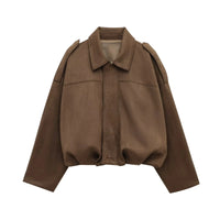 HH Women's Street Fashion Solid Loose Suede Texture Coats Causal Long Bat Sleeves Lapel Zipper Fly Winter Vintage Jackets