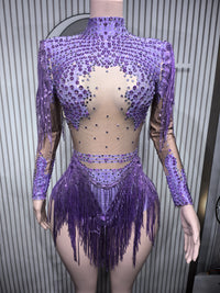 Gold Silver Sequins Tassel Elastic Bodysuit Sex)Pole Latin Dance Stage Wear Nightclub  DJSinger Dancer Performance Costume  Q025