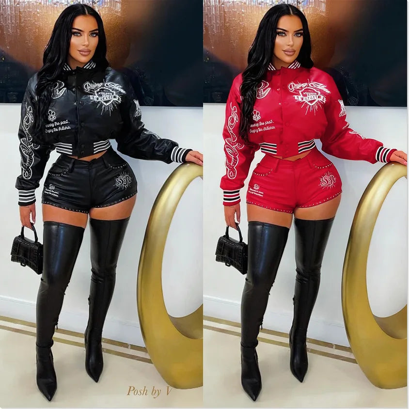 Leather Baseball Embroidery Jacket 2 Piece Pant Set Outfits Y2K Streetwear Women Winter Sexy PU Jackets Coat Two Piece Pant Sets