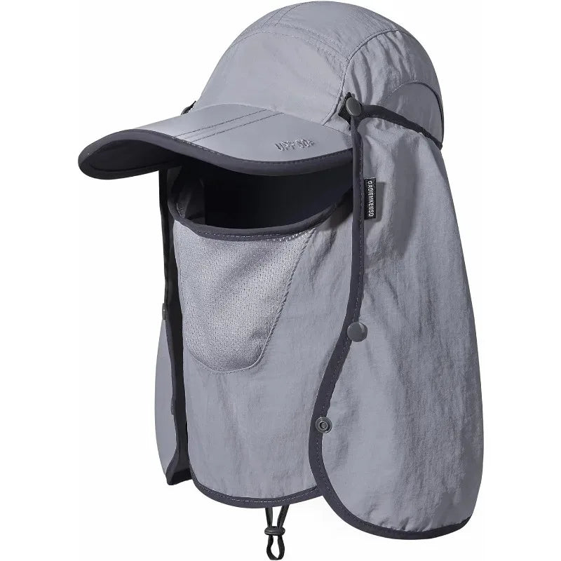 UPF 50+ Sun Hat Foldable with Face Mask Neck Cover, Lightweight Breathable Windproof Fishing Hat for Men Women OutdoorTravel