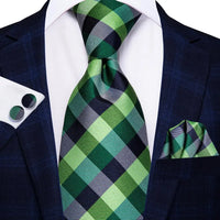 Hi-Tie Designer Silk Wedding Tie For Men Blue White Plaid Handky Cufflink Set Fashion Necktie For Men Business Party Wholesale