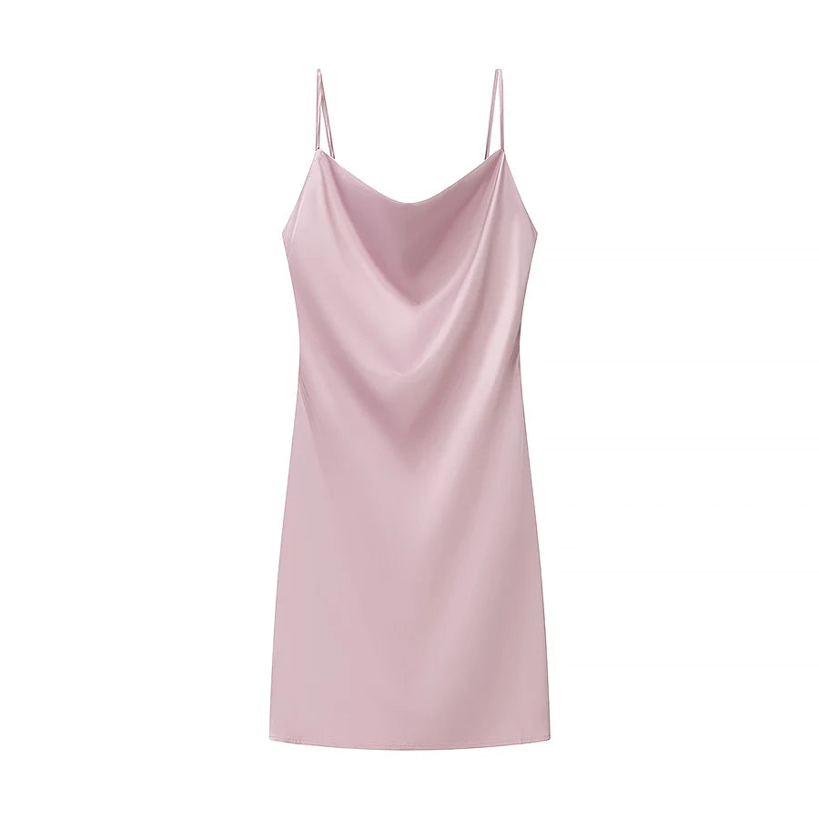TRAFZA Women Sexy Satin Mini Dress Suspender Backless Slim Dress New 2025 Spring Summer Fashion Glamorous Date Holiday Dress