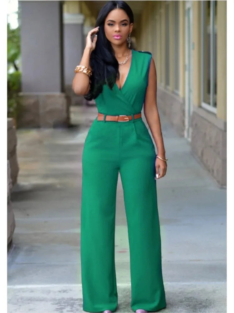 Women's Sexy Deep V Neck Sleeveless Solid Color Jumpsuit Fashion Slim Wrap Hip Elegant Female  Party Office Jumpsuit (with Belt)