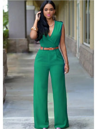 Women's Sexy Deep V Neck Sleeveless Solid Color Jumpsuit Fashion Slim Wrap Hip Elegant Female  Party Office Jumpsuit (with Belt)
