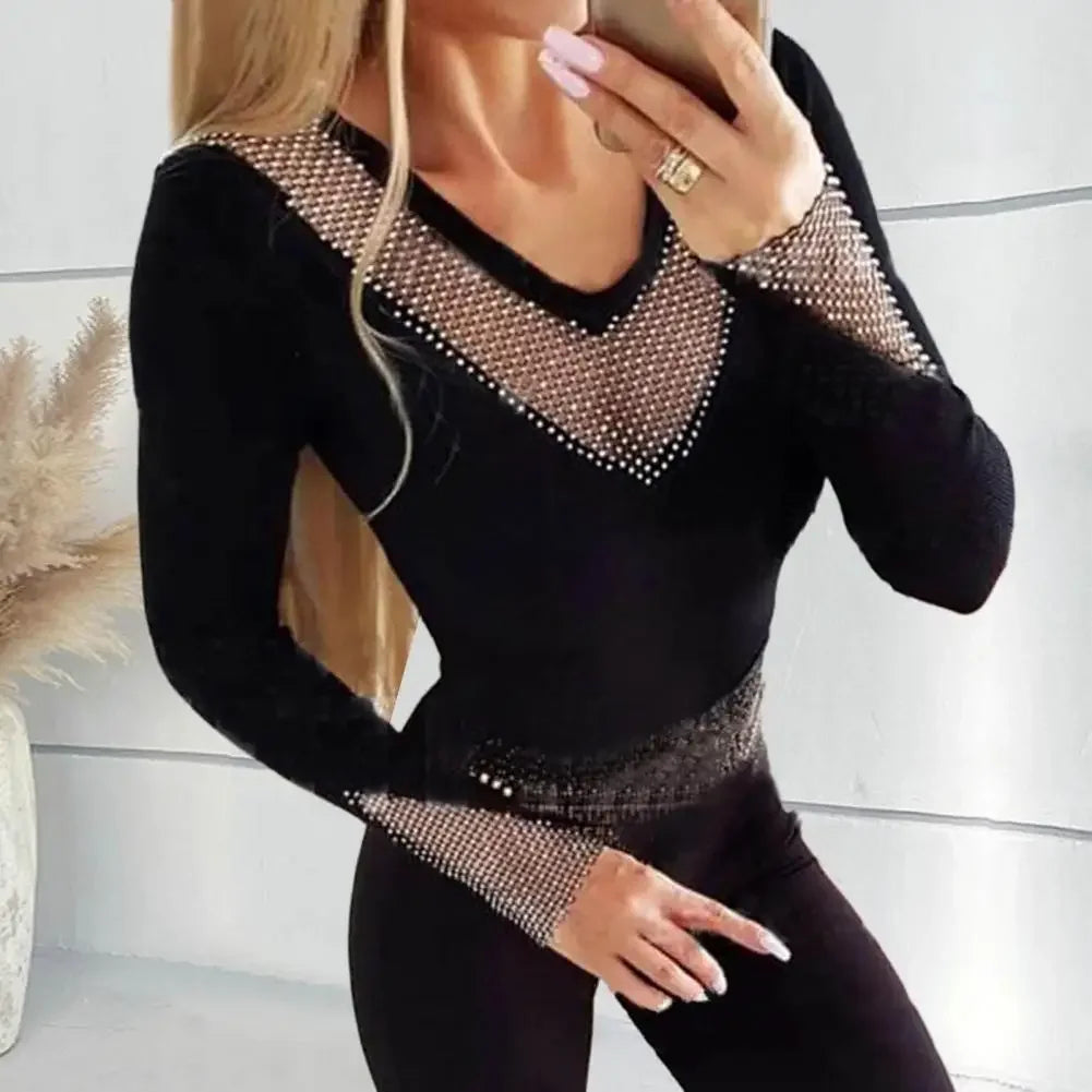 Sexy Rhinestone Decor Tee Women Tops See Through Contrast Mesh Long Sleeve Top Black Vintage T Shirts Female Clothes
