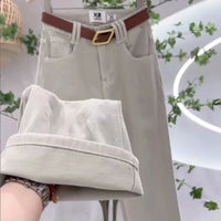 Jeans Women Spring And Summer 2024 New Straight Pants Pocket Buttons Slim And Comfortable High Waist Solid Color Wide-Leg Pants