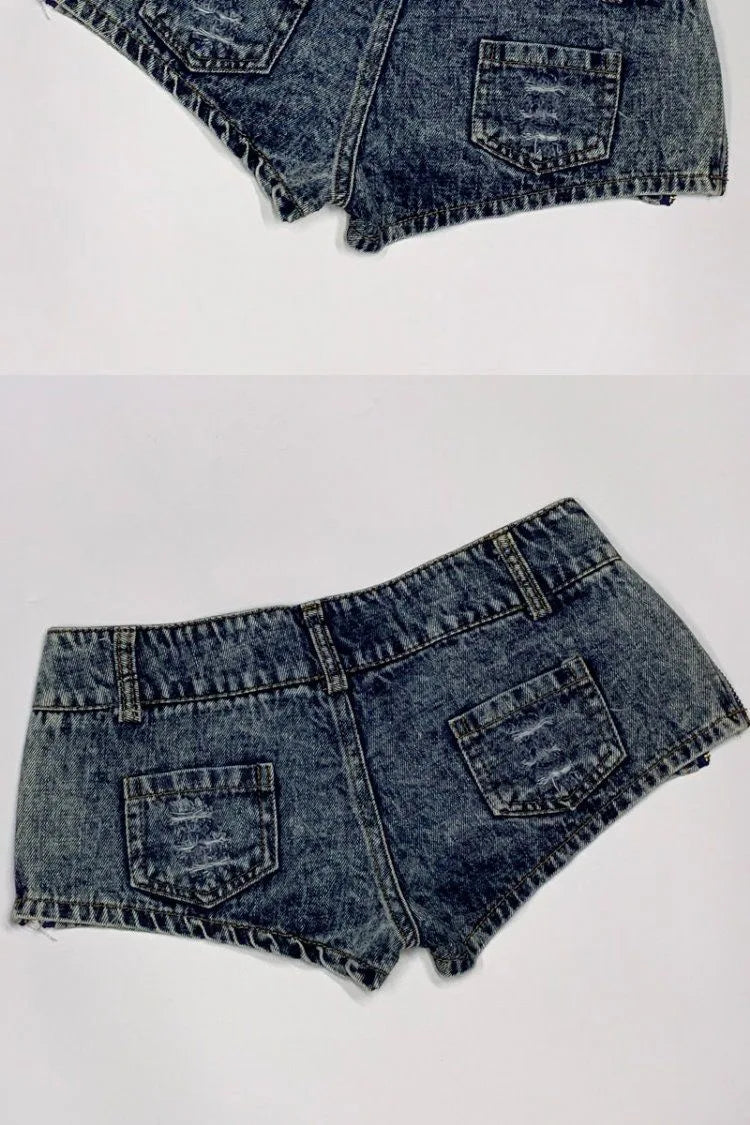 New Women's Ultra Shorts Retro Ripped Low Waist Thong Denim Side Zipper Mini Short Female Jeans Feminino Nightclub