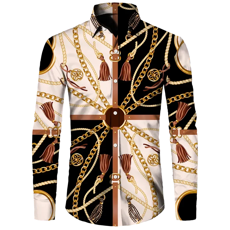 Fashion Luxury Golden Flower Print Men's Shirts Baroque Style Short/Long Sleeve Lapel Button Up Tops Social Hawai Party Cardigan