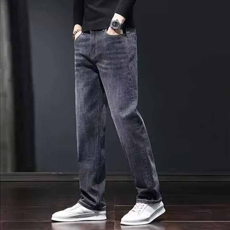 2025 New Men Fashion Loose Straight Elasticity Jeans Male Wear-Resistant Look Taller Denim Pants Smart Casual Dark Gray Trousers
