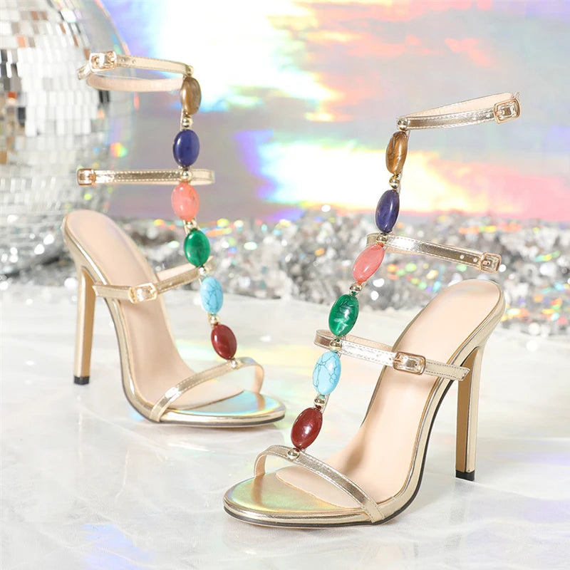 Liyke  Bohemian Style Fashion Colour Gem Strap Designer High Heels Gladiator Sandals Women Summer Open Toe Wedding Banquet Shoes