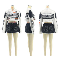 Baseball Varsity Jacket Crop Tops Two 2 Piece Skirt Sets Y2K Streetwear Winter Women Cyber Racer Cropped Jackets Trench Coats