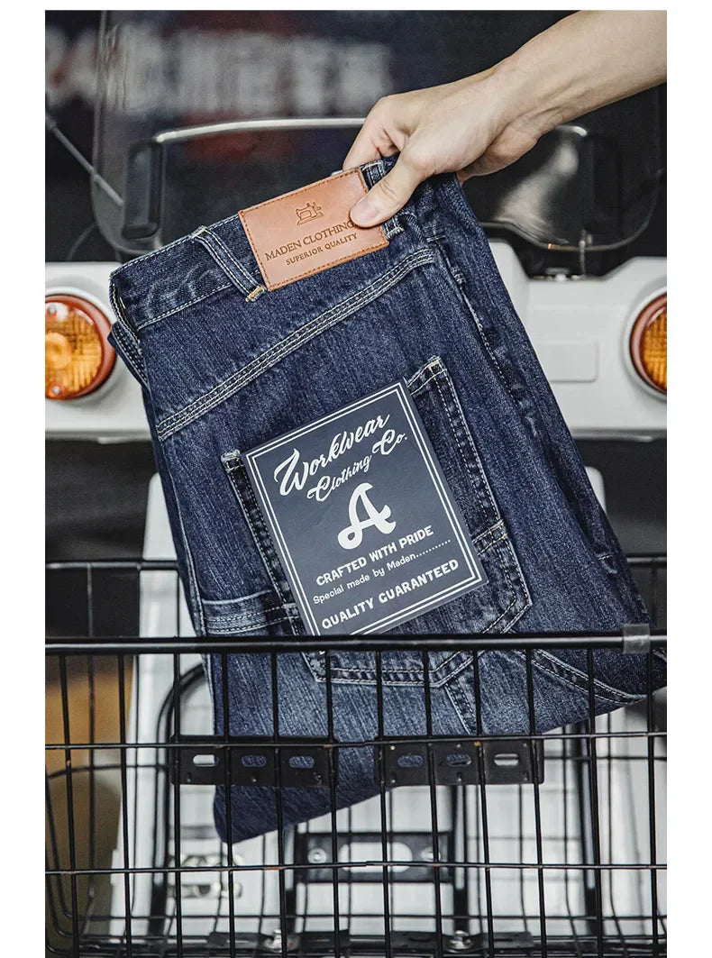 Maden Retro Blue Logging Mens Jeans with Washed Denim Loose Fit Cotton And Non-Elastic Waist Daily Wear Casual Pants