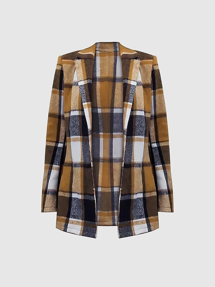 All-match Coat Women Korean Fashion 2023 Fall Plaid Print Button Front Long Sleeve Coat Design Jacket Casual Jacket