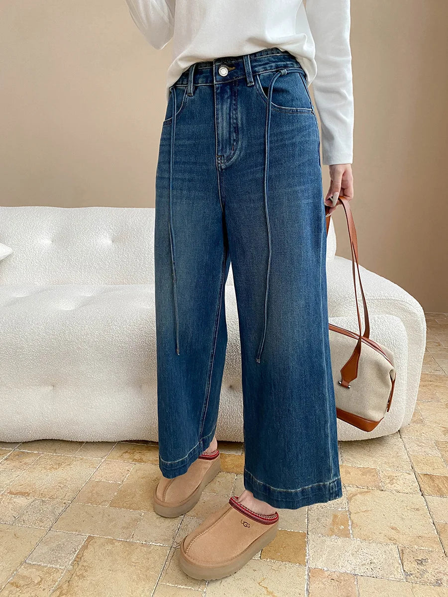 Women's casual solid color high waisted drawstring loose wide leg straight leg jeans, small stature