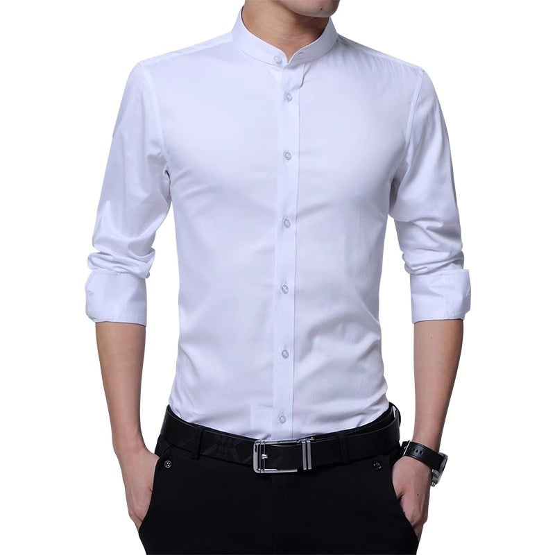 New Men Business Shirts Black/White Fashion Elegant Male Stand Collar Long Sleeve Tops Homme Wedding Party Dresses