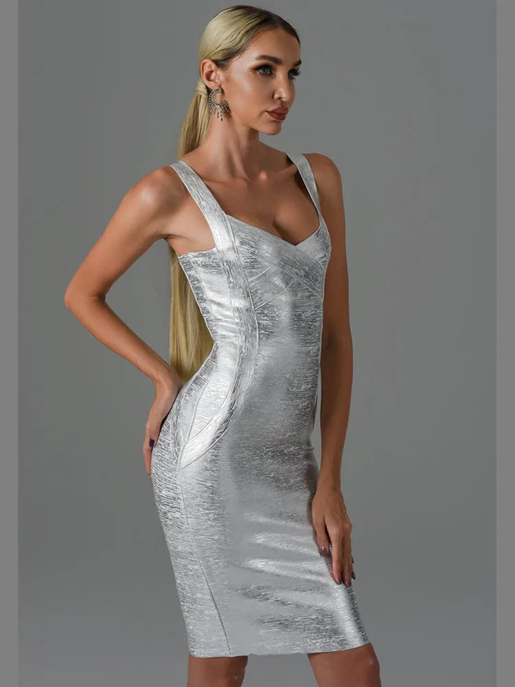 Classic Bronzing Bandage Dress Sexy Sleeveless Square Collar Bodycon Mini Elastic High Street Evening Club Party Dresses