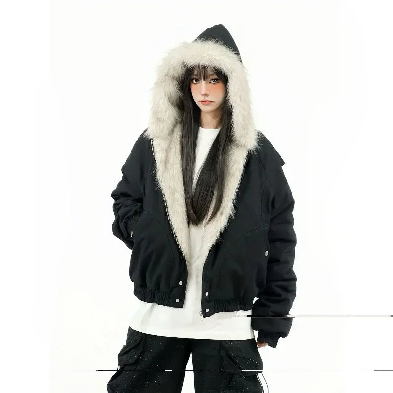 Winter Street Fashion Fur Collar White Zipper Hooded Short Jacket Women Casual Thicken Warm Coat Y2k Harajuku Sweet Outwear New