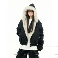 Winter Street Fashion Fur Collar White Zipper Hooded Short Jacket Women Casual Thicken Warm Coat Y2k Harajuku Sweet Outwear New