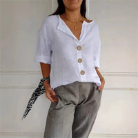 Summer Loose Shirt Women's V-Neck Cotton Linen Button Top Casual Shirts Solid Fashion Elegant Office Womens Clothing 2025 Blouse