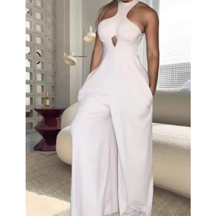 Elegant Jumpsuit Women Backless Hanging Neck Pocket Slim Fit Solid Color Bodysuit Conjoined Body Wide Leg Pants 2025 Summer New
