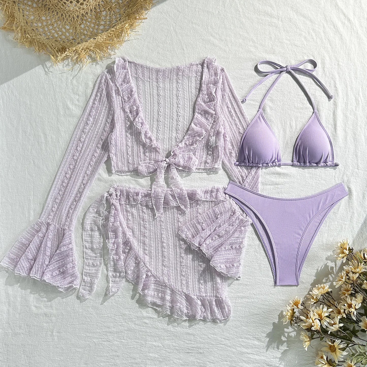 2025 new lace mesh four-piece swimsuit split bikini swimsuit