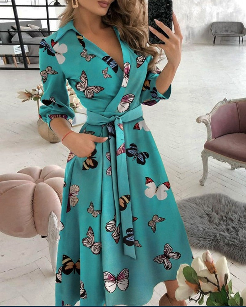 Spring/Summer Fashion Long sleeved V-neck Printed Hip Wrap Dress for Women