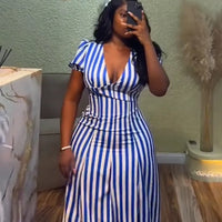 Women Striped Printed V-Neck Dress Short Sleeve Elegant Slim Casual Vacation Streertwear Vintage Long Dress Summer Dresses 2025
