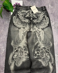 2000s washing old vintage printed jeans men gothic trend loose pants super large washing hip hop fashion wide pants
