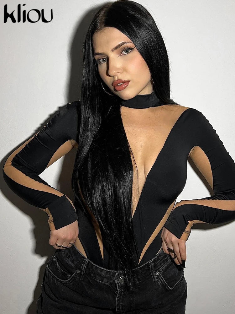 Kliou Mesh Patchwork Bodysuits Women Hipster Unique See Through Stand Collar Body-shaping Playsuit Female Casual Street Clothing