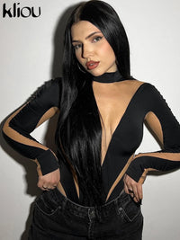 Kliou Mesh Patchwork Bodysuits Women Hipster Unique See Through Stand Collar Body-shaping Playsuit Female Casual Street Clothing